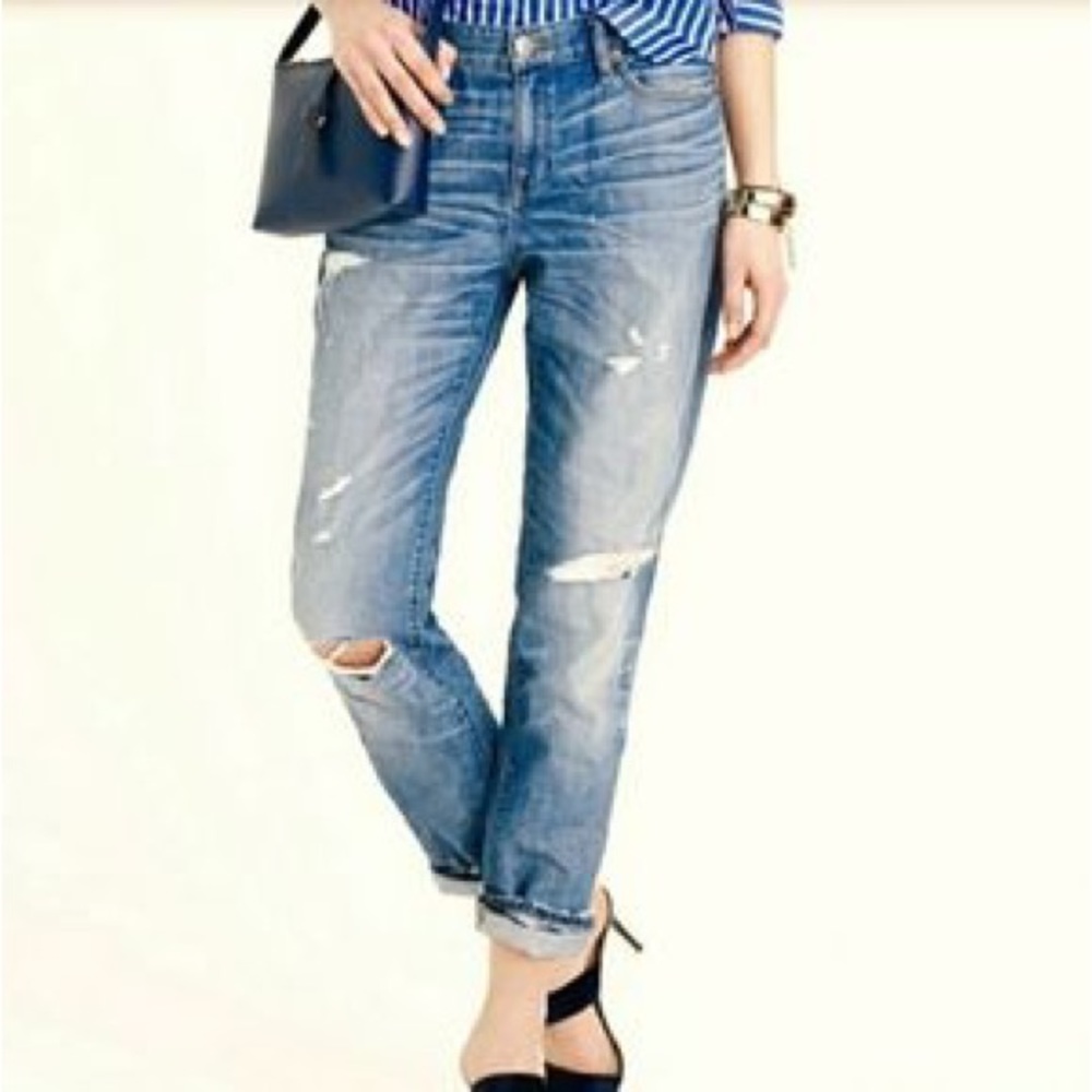 J. Crew Broken in Boyfriend Distressed Medium Wash Jeans - Size 26